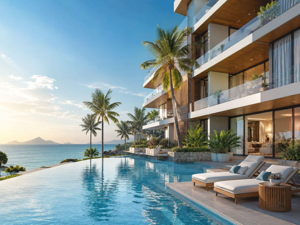 Resort condominium pool deck overlooking the ocean