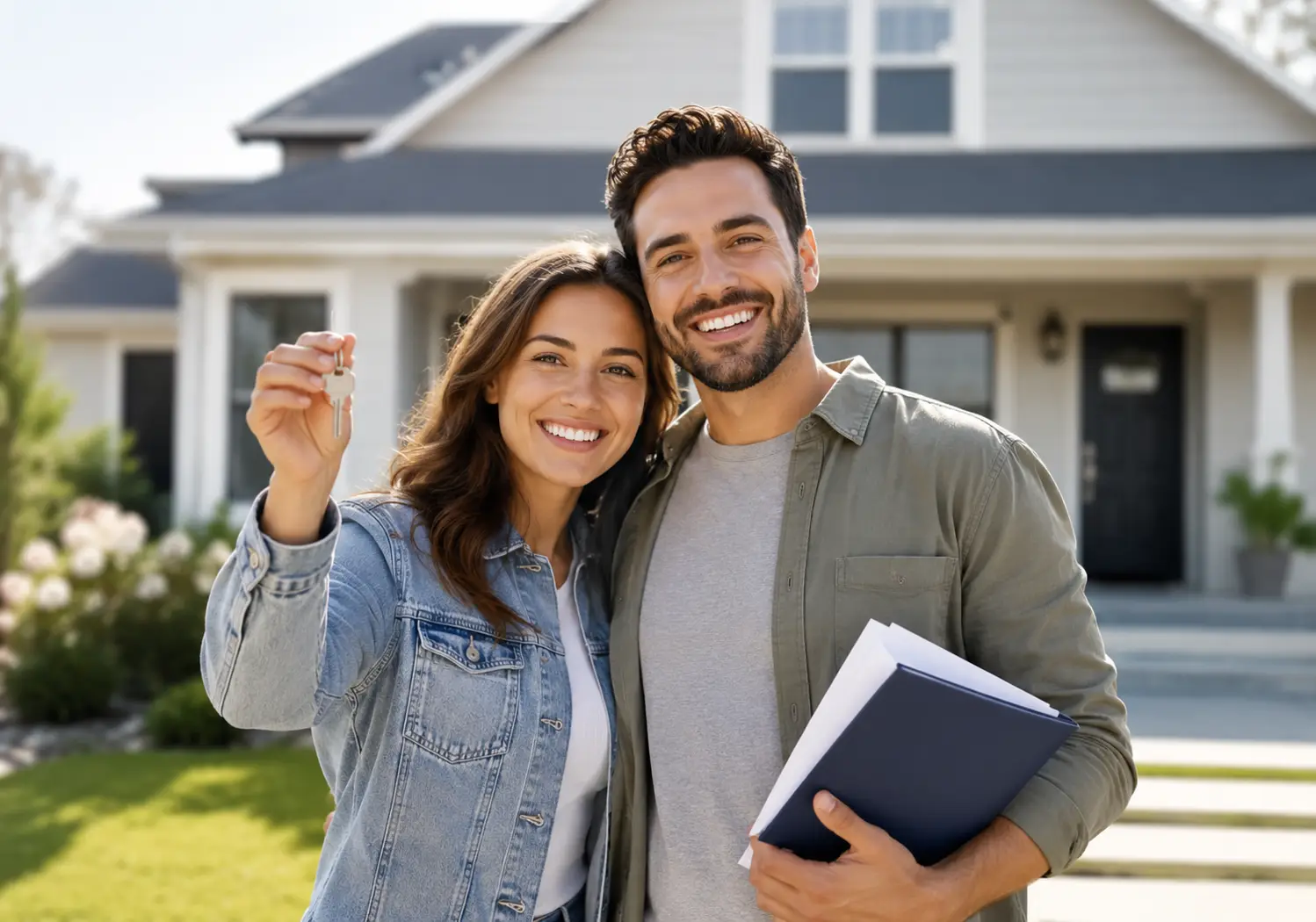 Young couple holding the keys and paperwork for their first home in front of the house