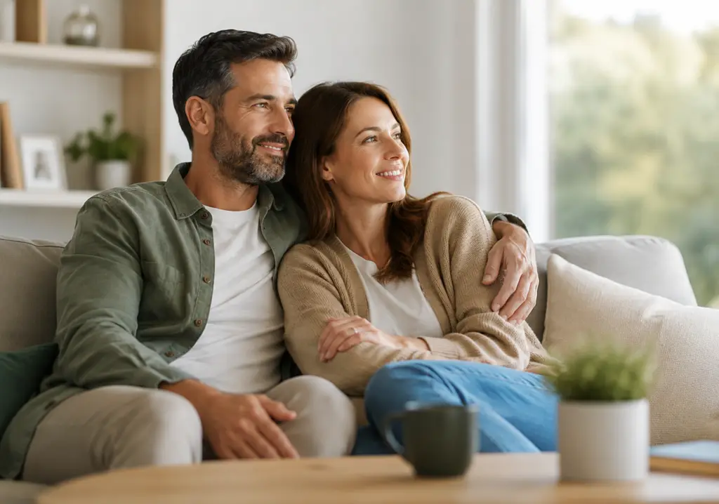 Couple relaxing on their living room sofa while planning their next move