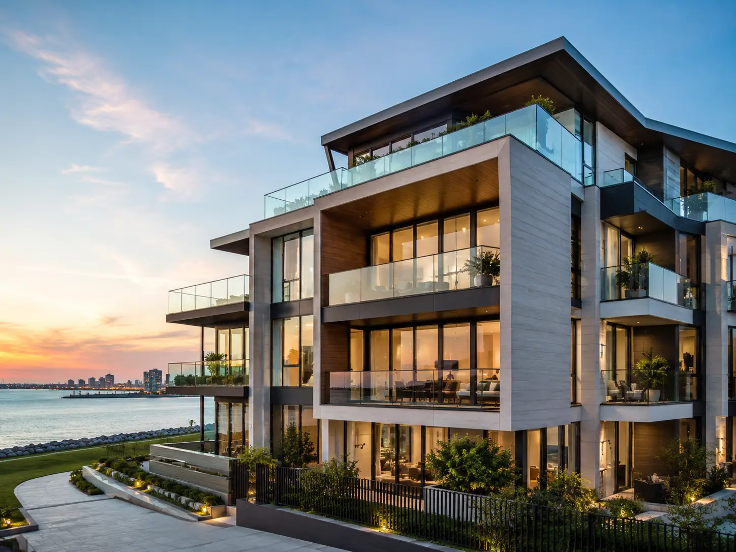 Modern resort condominium building at sunset beside the water