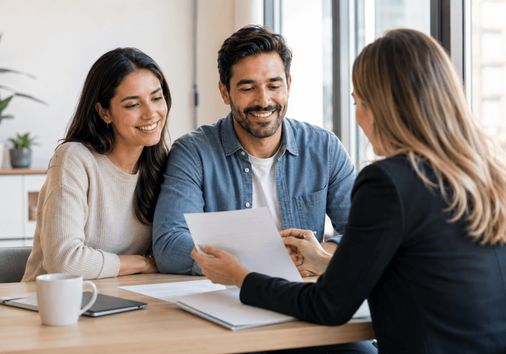 Self employed couple reviewing bank statements with a mortgage advisor