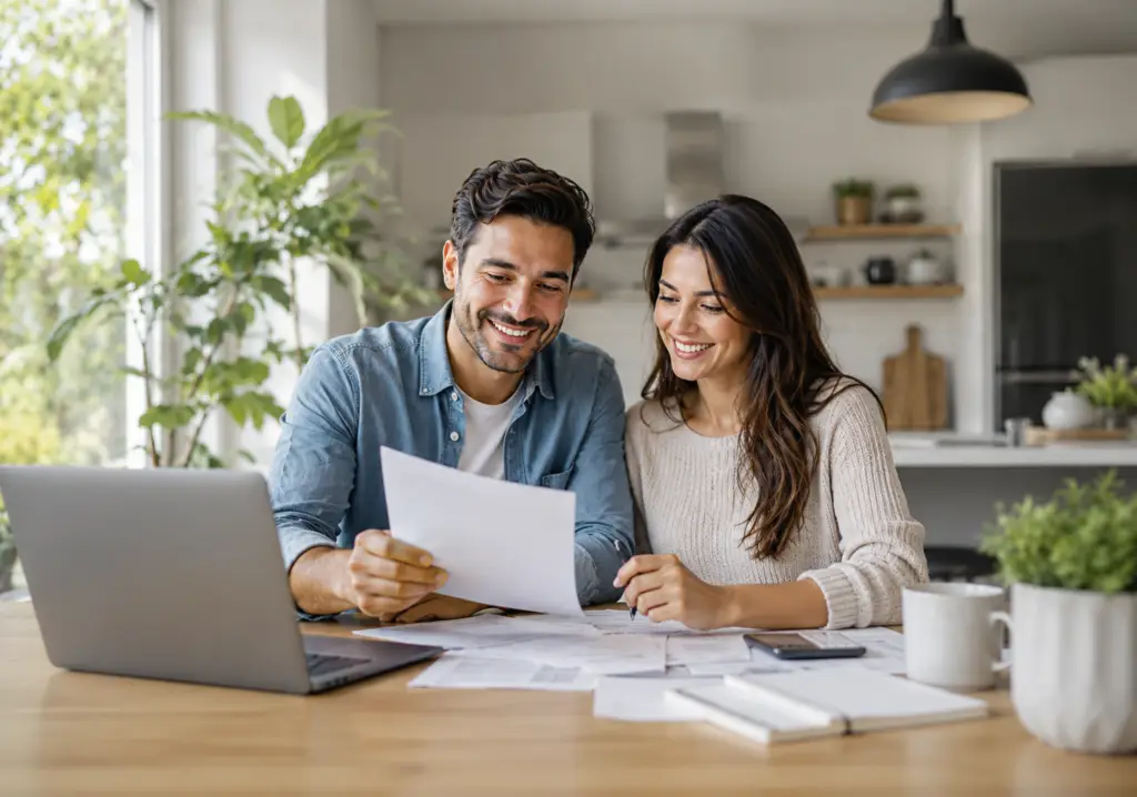 First time buyers reviewing down payment assistance paperwork at their kitchen table
