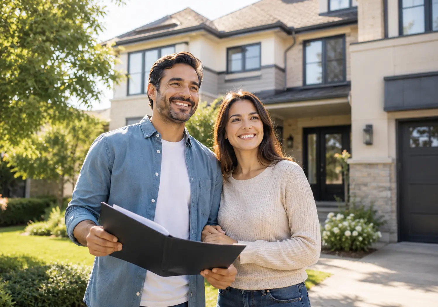 Couple reviewing plans in front of the larger home they are buying